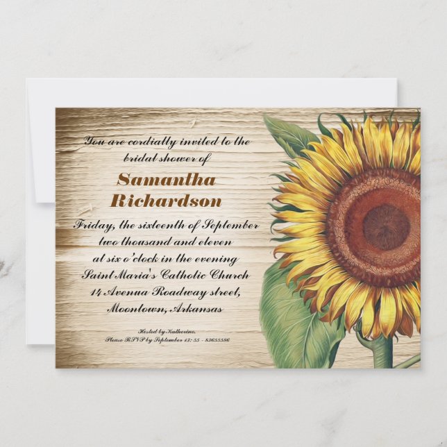 rustic wood & sunflower bridal shower invitations (Front)