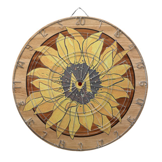  Rustic Wood Sunflower Brown Yellow Dartboard (Front)