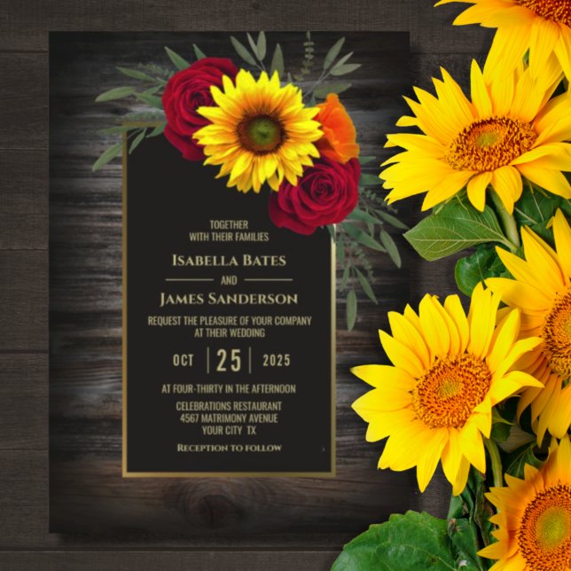 Rustic Wood Sunflower Burgundy Rose Wedding Invitation (Creator Uploaded)
