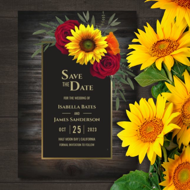 Rustic Wood Sunflower Burgundy Rose Wedding  Save  Save The Date (Creator Uploaded)