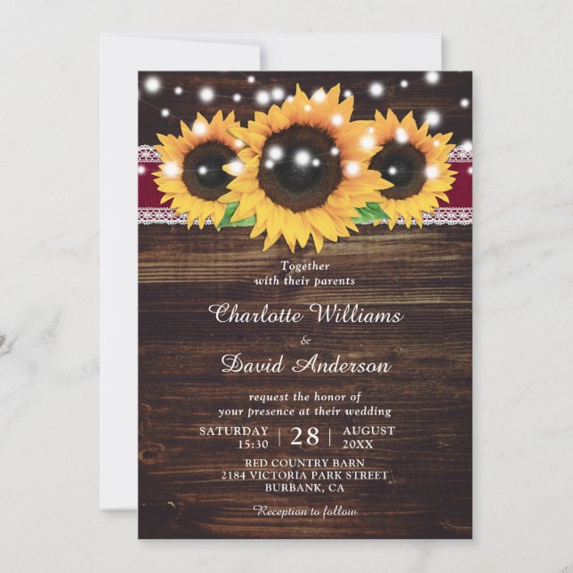 Rustic Wood Sunflower Burgundy Wedding Invitation (Front)
