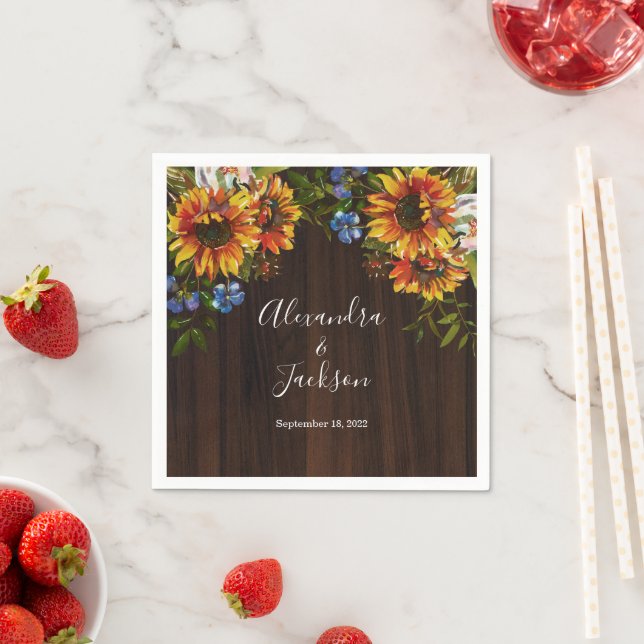 Rustic Wood Sunflower Country Wedding Napkin (Insitu)