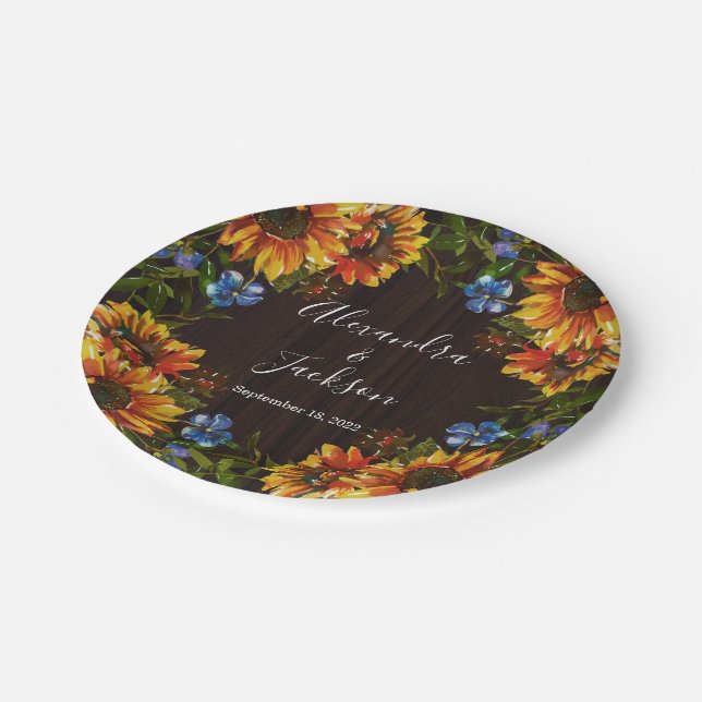Rustic Wood Sunflower Country Wedding Plate (Angled)