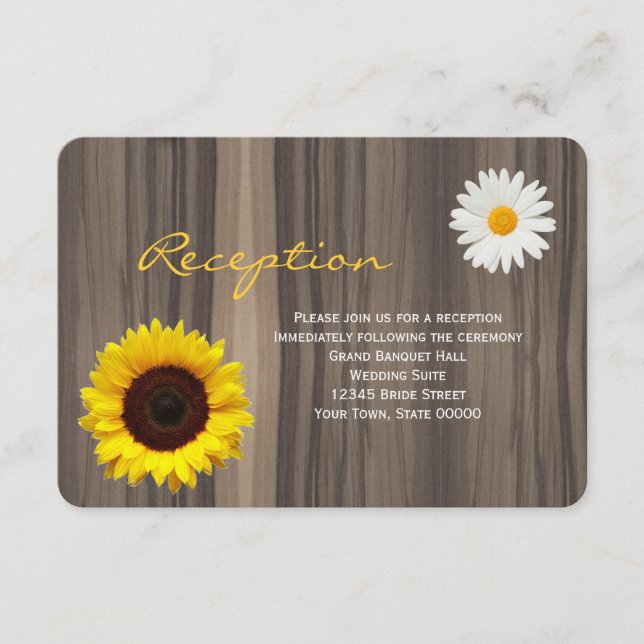 Rustic Wood Sunflower & Daisy Reception Info Card (Front)