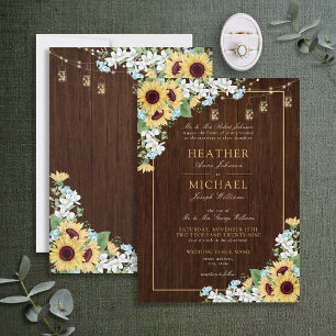 Rustic Wood Sunflower Dusty Blue Floral Wedding In Invitation