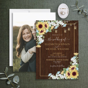 Rustic Wood Sunflower Dusty Blue Photo Wedding Invitation