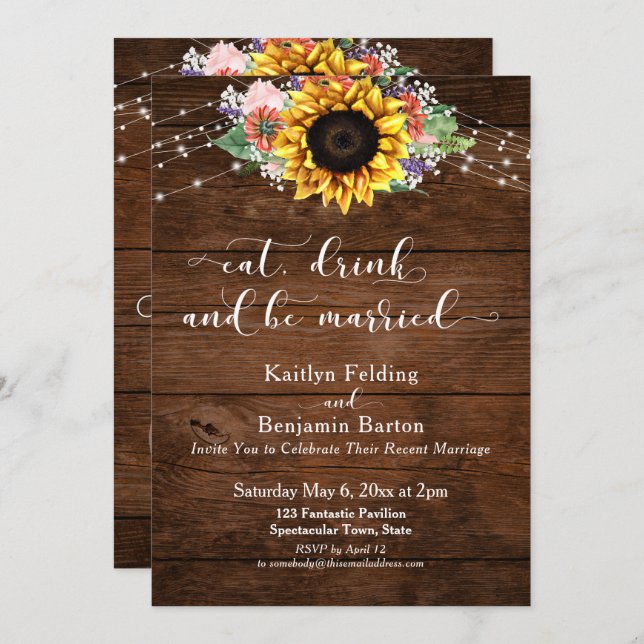 Rustic Wood Sunflower Eat Drink and Be Married Invitation (Front/Back)
