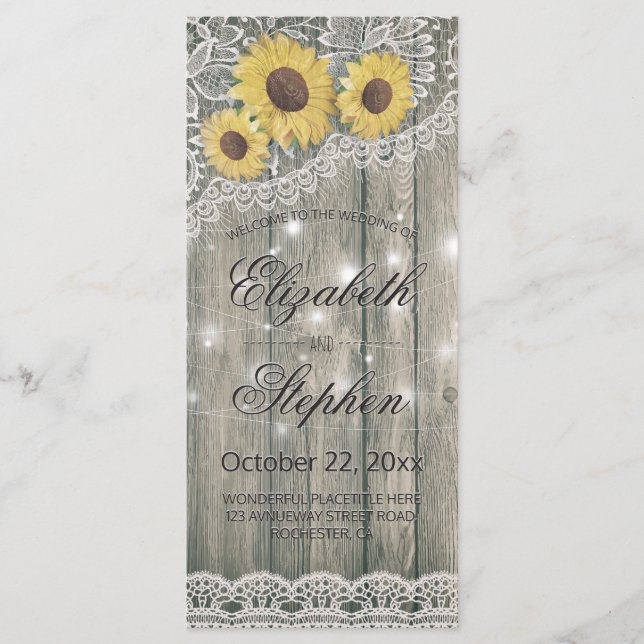 Rustic Wood Sunflower Elegant Lace Wedding Program (Front)