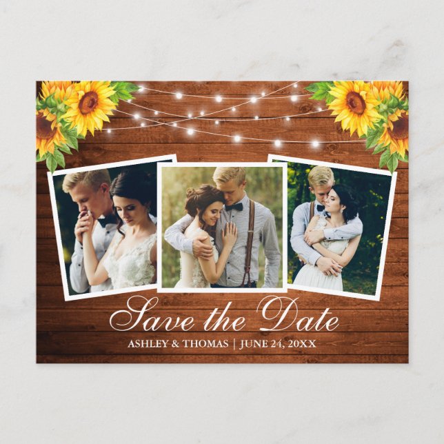 Rustic Wood Sunflower Floral 3 Photo Save The Date Invitation Postcard (Front)
