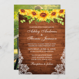 Rustic Wood Sunflower Floral Greenery Lace Photo Invitation