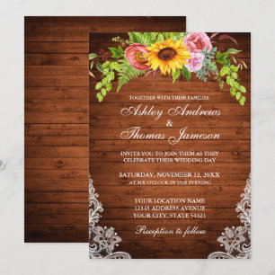 Rustic Wood Sunflower Floral Lace Wedding Invitation