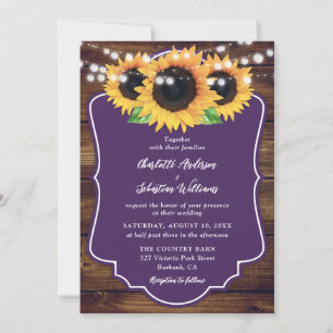 Rustic Wood Sunflower Floral Purple Wedding Invitation