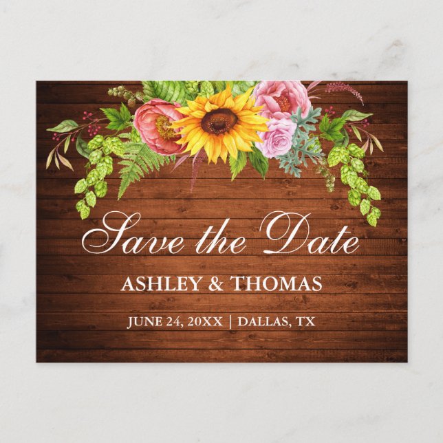 Rustic Wood Sunflower Floral Save The Date Invitation Postcard (Front)