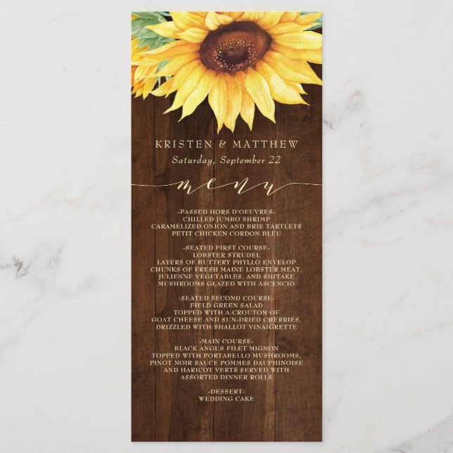 Rustic Wood Sunflower Floral Watercolor Wedding Menu (Front)