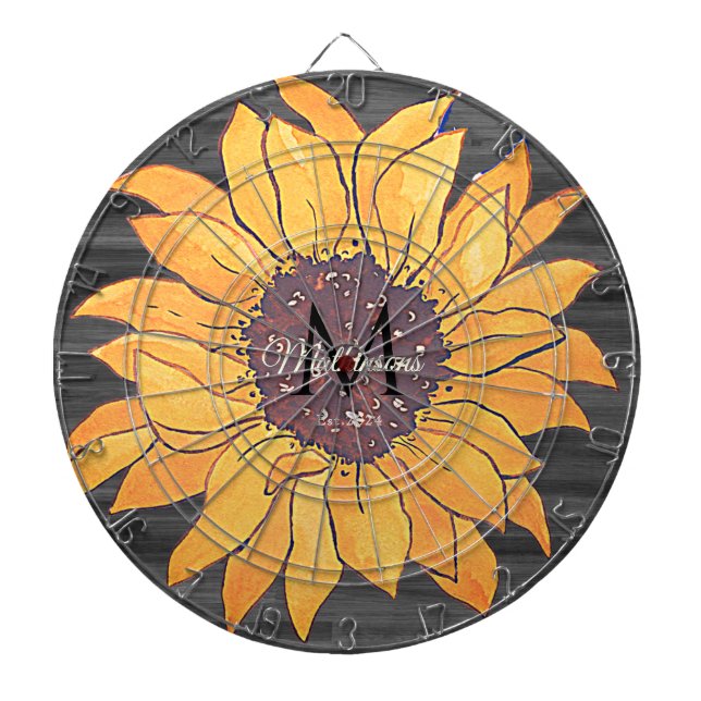  Rustic Wood Sunflower Gray and Yellow Dartboard (Front)