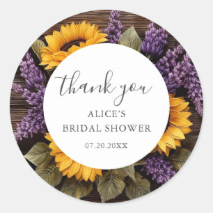 Rustic Wood Sunflower Lavender Bridal Shower Classic Round Sticker