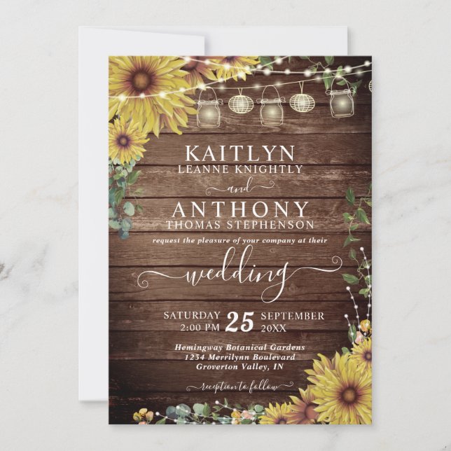Rustic Wood Sunflower Lights Mason Jars Wedding Invitation (Front)