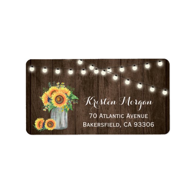 Rustic Wood Sunflower Mason Jar Lights Wedding Label (Front)