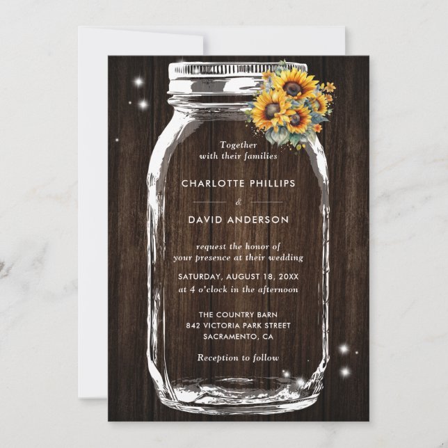 Rustic Wood Sunflower Mason Jar Wedding Invitation (Front)