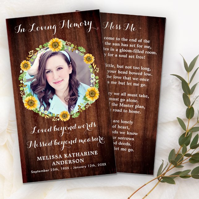 Rustic Wood Sunflower Memorial Photo Prayer Card (Creator Uploaded)