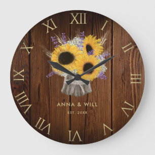 Rustic Wood Sunflower Modern Wedding Anniversary Large Clock