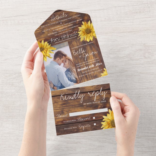 Rustic Wood Sunflower Monogram Photo Wedding All In One Invitation (Tearaway)