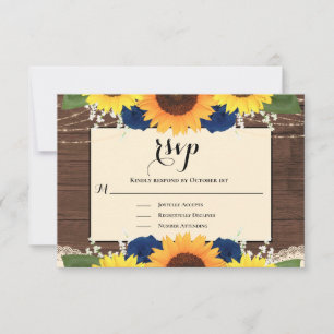 Rustic Wood Sunflower Navy Blue Roses Wedding RSVP Card