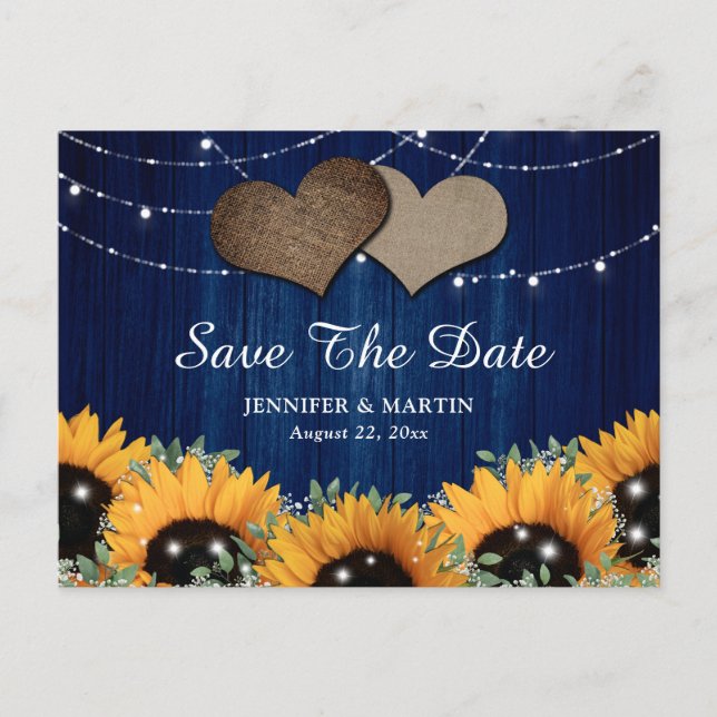 Rustic Wood Sunflower Navy Blue Wedding Announcement Postcard (Front)
