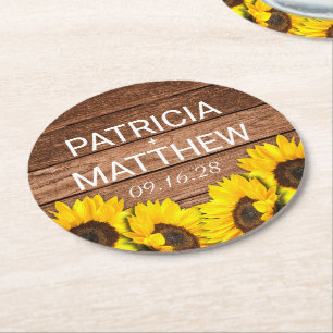 Rustic Wood Sunflower Personalised Wedding Favour Round Paper Coaster