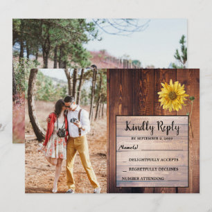 Rustic wood sunflower photo country Wedding RSVP Invitation