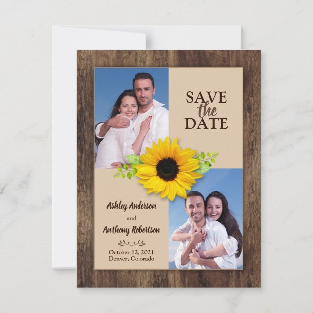 Rustic Wood Sunflower Photo Save the Date Announcement (Front)