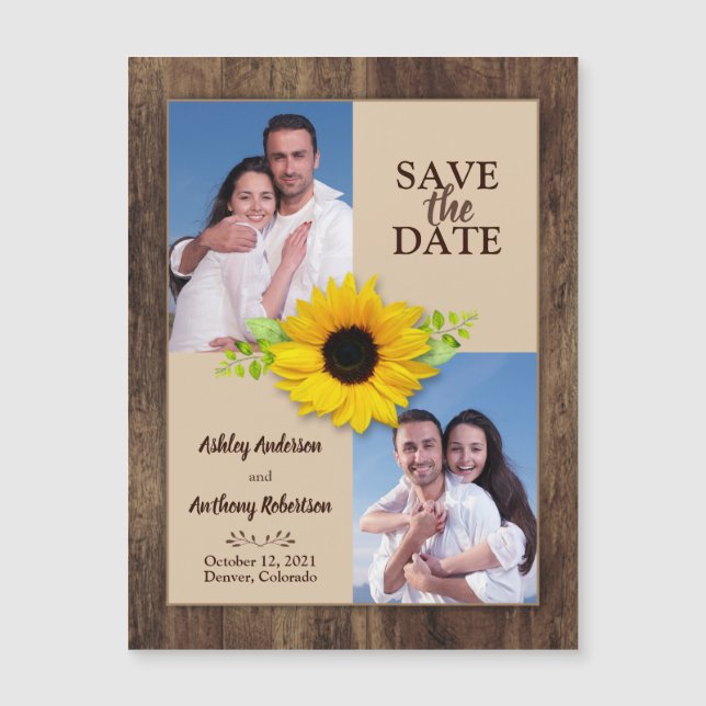 Rustic Wood Sunflower Photo Save the Date Magnet (Front)