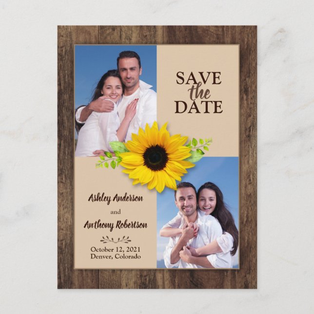 Rustic Wood Sunflower Photo Save the Date Magnet Postcard (Front)
