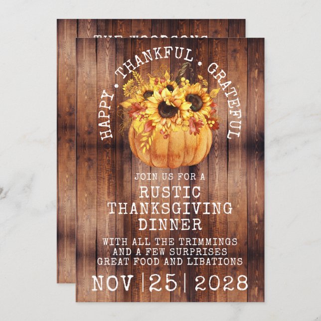 Rustic Wood Sunflower Pumpkin Thanksgiving Dinner Invitation (Front/Back)