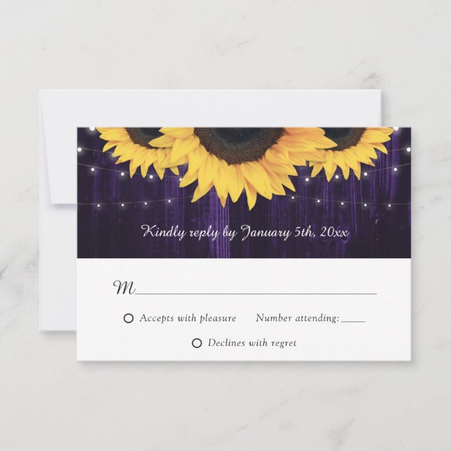 Rustic Wood Sunflower Purple Wedding RSVP Cards (Front)