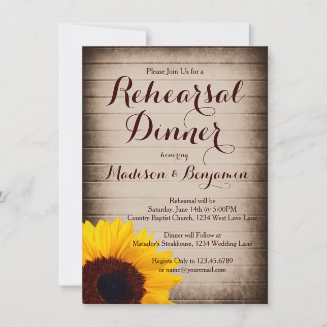 Rustic Wood Sunflower Rehearsal Dinner Invitations (Front)