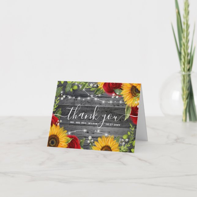 Rustic Wood Sunflower Rose Wood Wedding Thank You Holiday Card (Front)