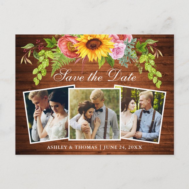 Rustic Wood Sunflower Save the Date Photo Invitation Postcard (Front)