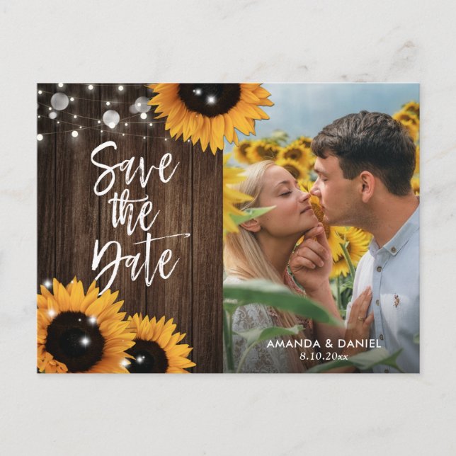 Rustic Wood Sunflower Save The Date Photo Postcard (Front)
