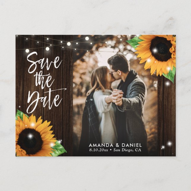 Rustic Wood Sunflower Save The Date Photo Postcard (Front)