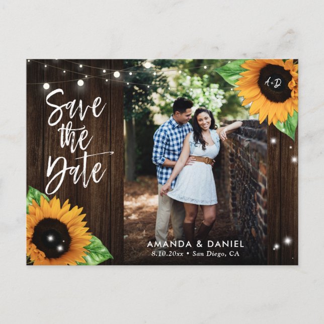 Rustic Wood Sunflower Save The Date Postcard (Front)