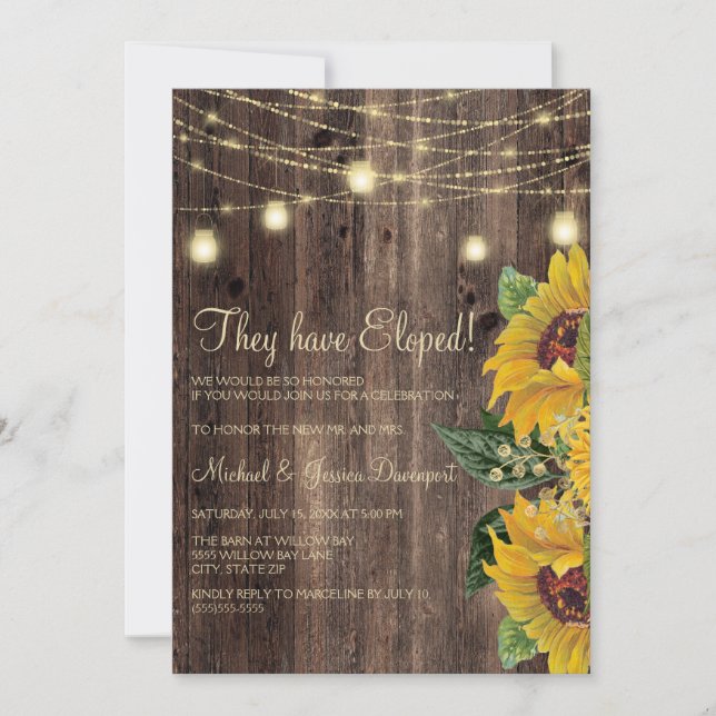 Rustic Wood Sunflower String Lights Elopement Invitation (Front)
