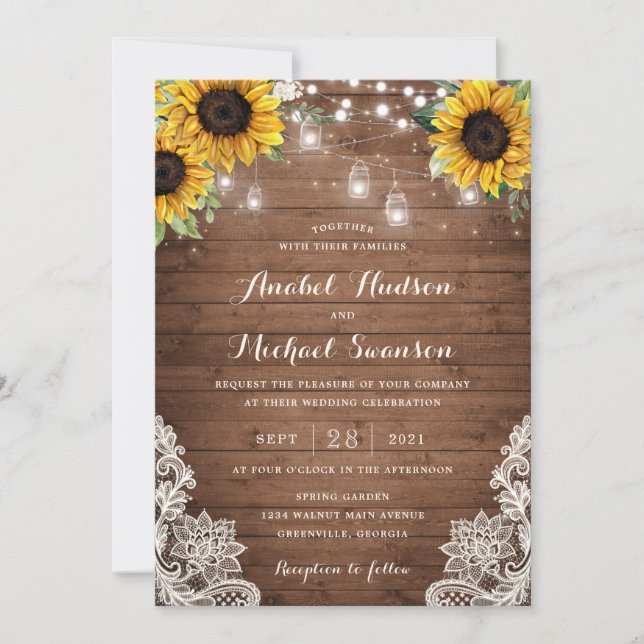 Rustic Wood Sunflower String Lights Lace Mason Jar Invitation (Front)