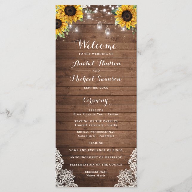 Rustic Wood Sunflower String Lights Lace Mason Jar Program (Front)