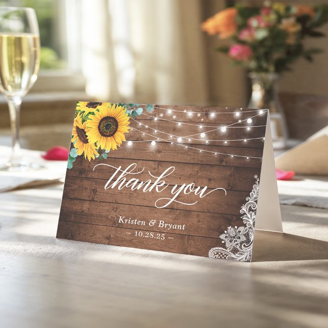 Rustic Wood Sunflower String Lights Lace Thank You Card (Creator Uploaded)