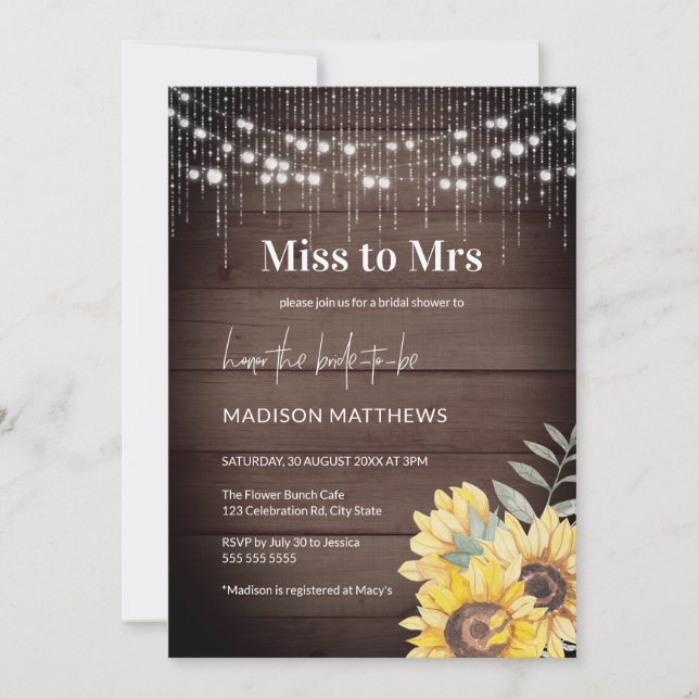 Rustic Wood Sunflower String Lights Miss to Mrs Invitation (Front)