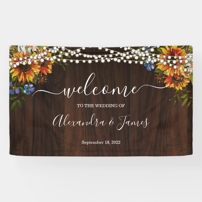 Rustic Wood Sunflower String Lights Wedding Banner (Horizontal)