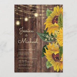 Rustic Wood Sunflower String Lights Wedding Invitation