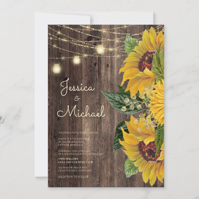 Rustic Wood Sunflower String Lights Wedding Invitation (Front)