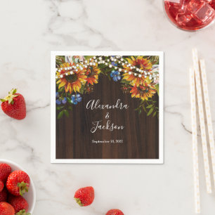 Rustic Wood Sunflower String Lights Wedding Napkin
